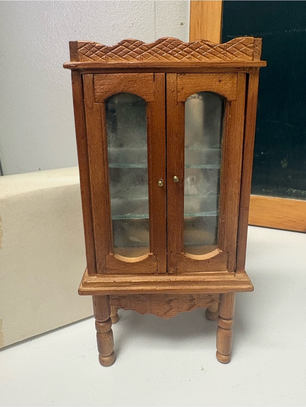 Vintage Korea Dollhouse Size Wooden Curio Cabinet 3x6x1” Approximately